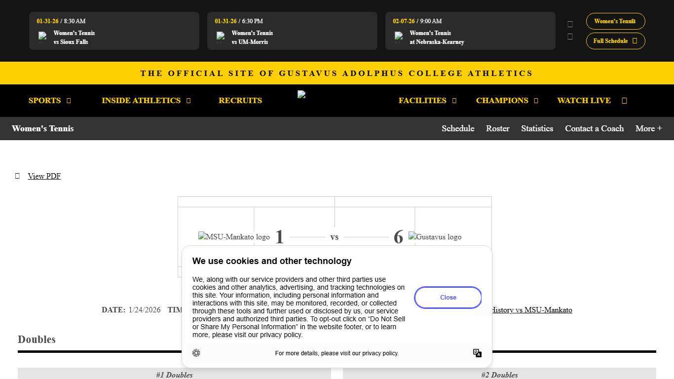 Women's Tennis vs MSU-Mankato on 1/24/2026 - Box Score - Gustavus Adolphus College